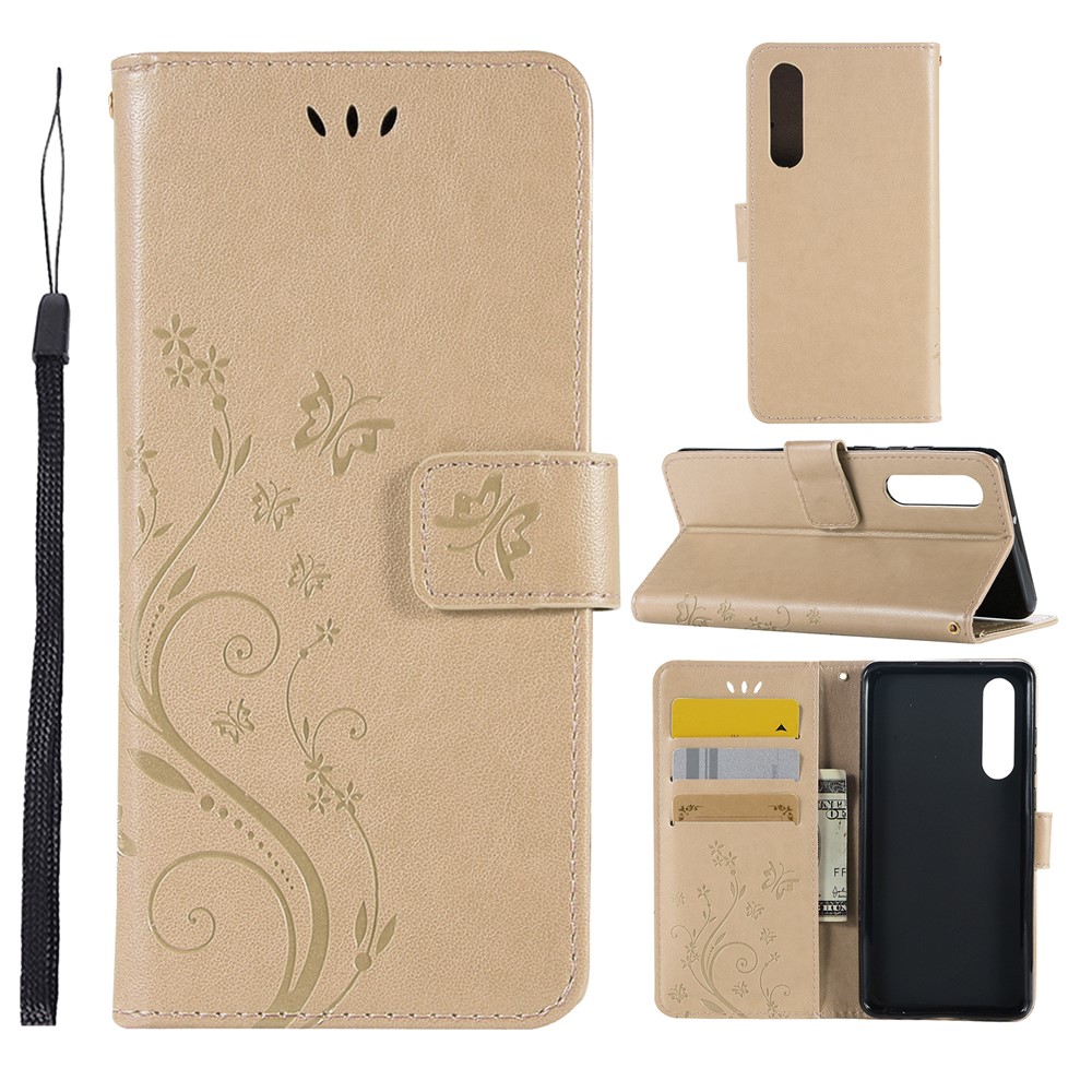 For Huawei P30 Imprint Butterfly Flower Leather Cell Phone Case - Gold-1