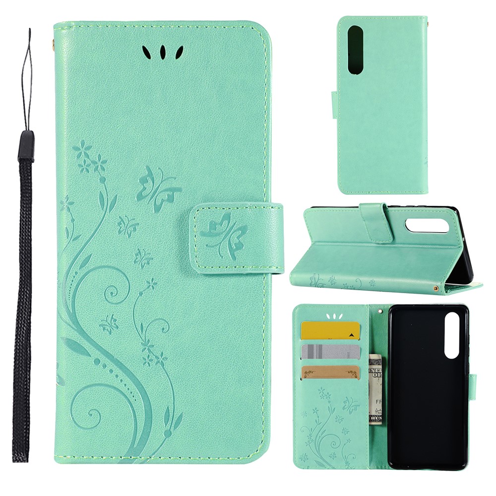 For Huawei P30 Imprint Butterfly Flower Leather Mobile Phone Cover - Cyan-1