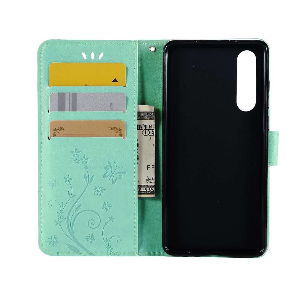 For Huawei P30 Imprint Butterfly Flower Leather Mobile Phone Cover - Cyan-3