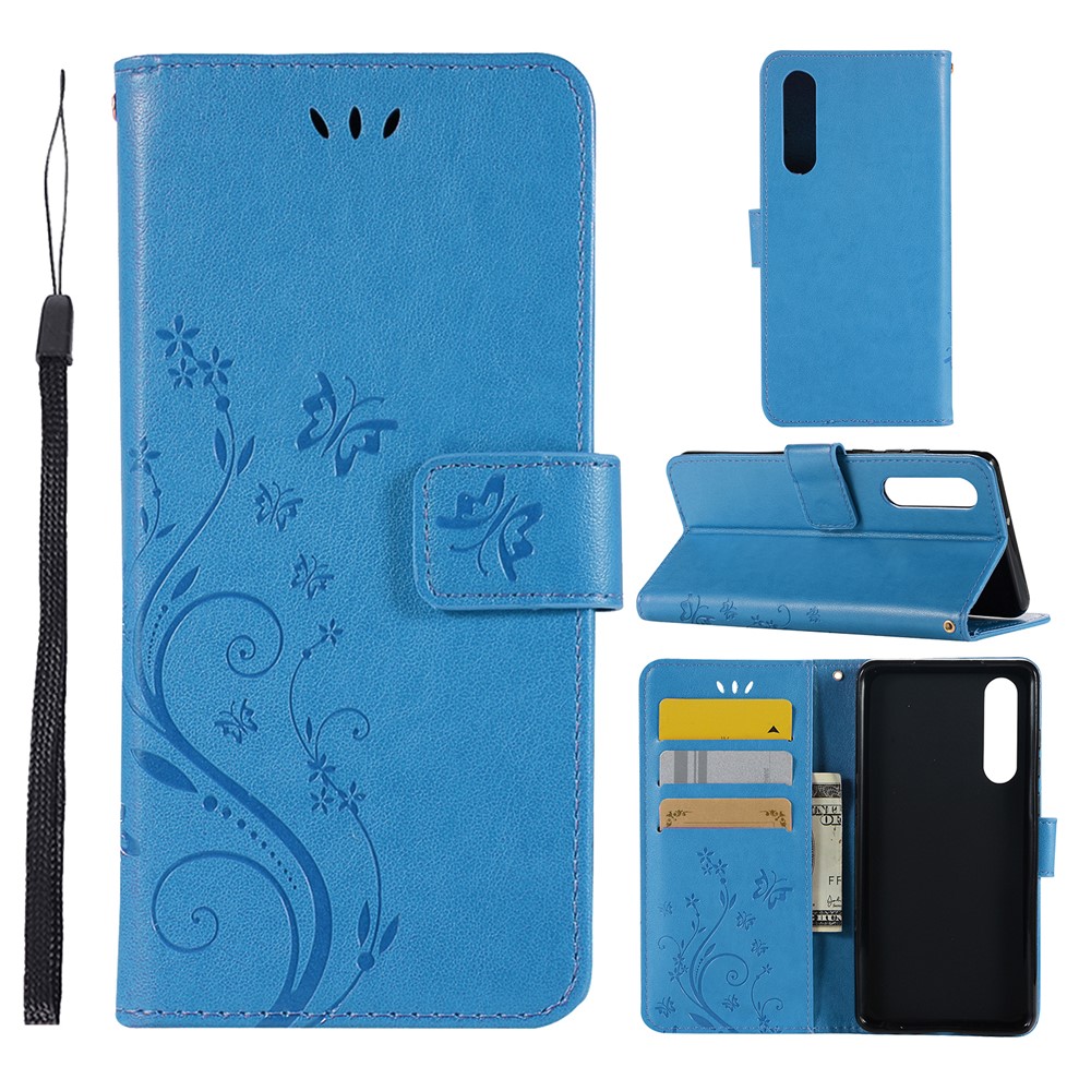 For Huawei P30 Imprint Butterfly Flower Leather Case with Wallet Stand - Blue-1