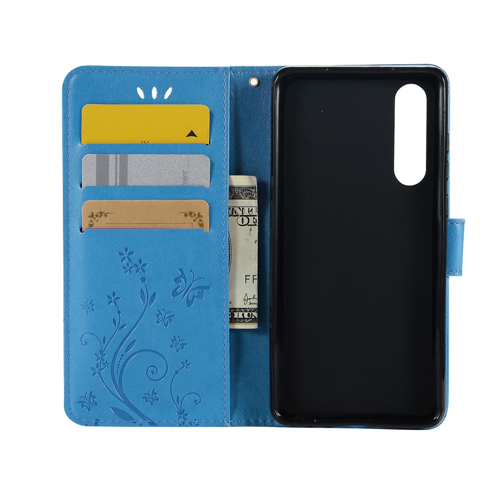For Huawei P30 Imprint Butterfly Flower Leather Case with Wallet Stand - Blue-3
