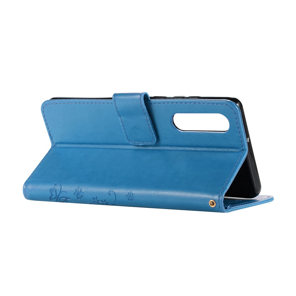 For Huawei P30 Imprint Butterfly Flower Leather Case with Wallet Stand - Blue-4