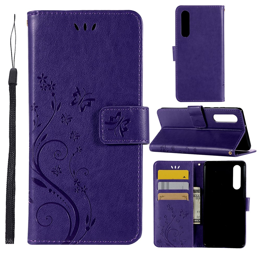 For Huawei P30 Wallet Stand Leather Case Cover Imprint Butterfly Flower - Purple-1