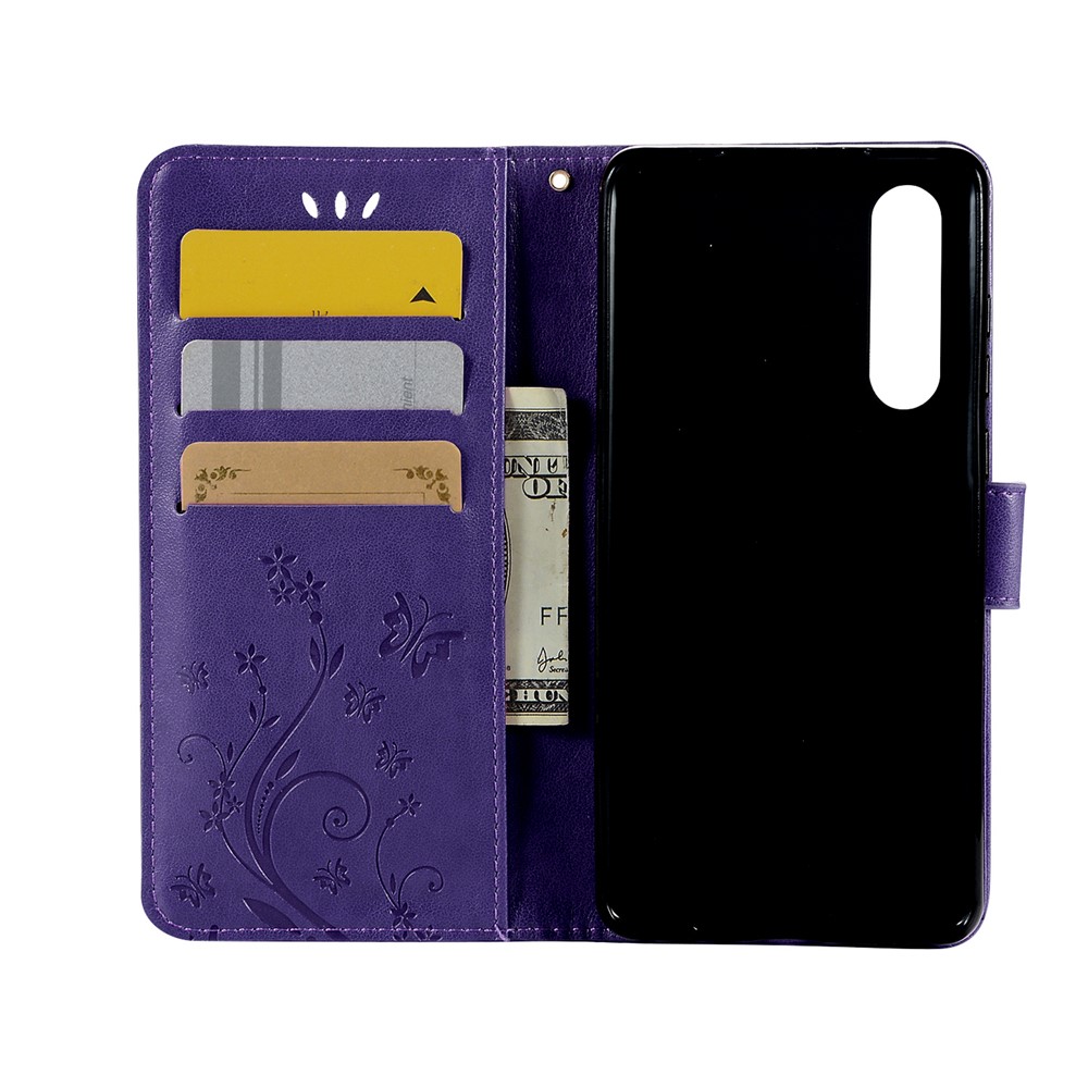 For Huawei P30 Wallet Stand Leather Case Cover Imprint Butterfly Flower - Purple-3