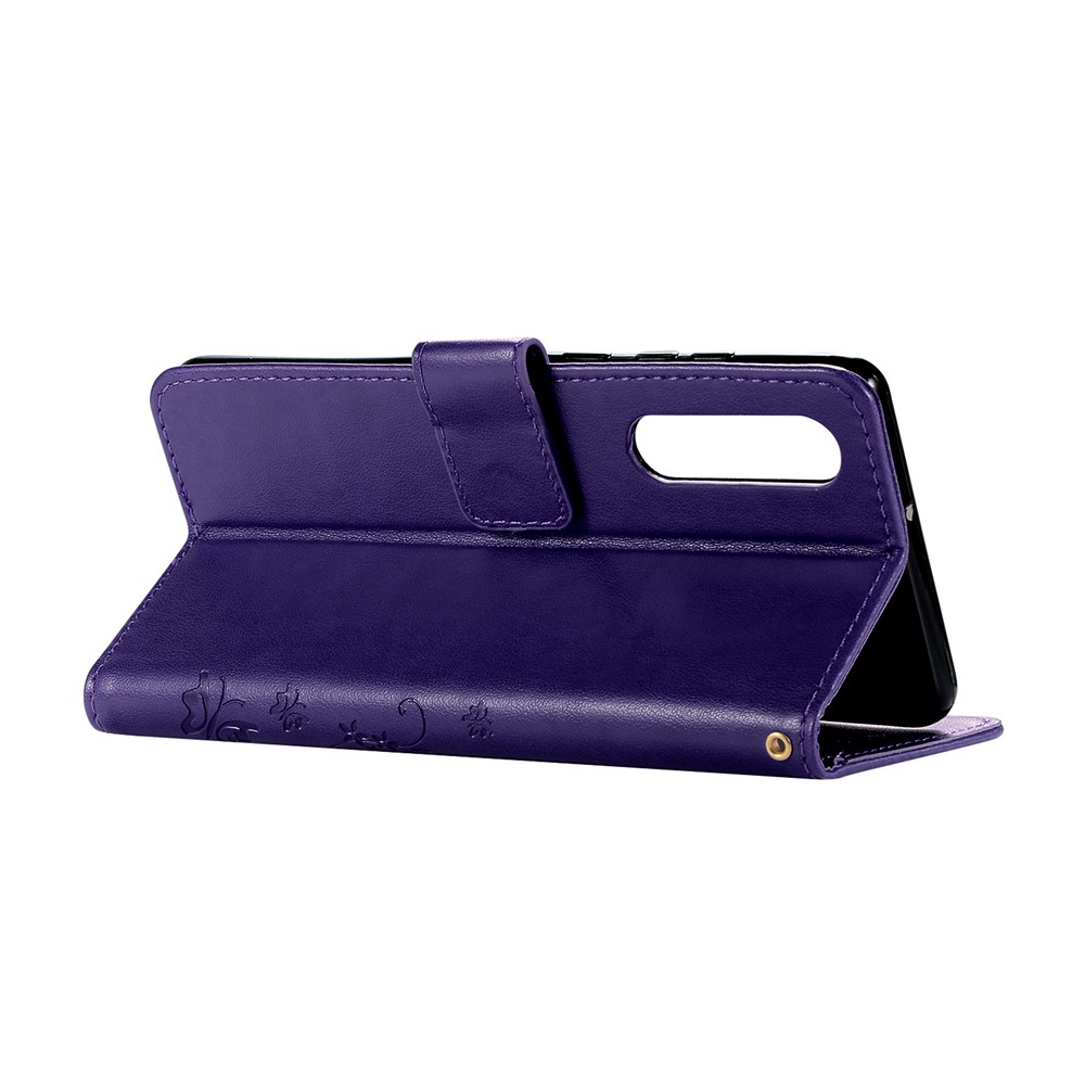 For Huawei P30 Wallet Stand Leather Case Cover Imprint Butterfly Flower - Purple-4