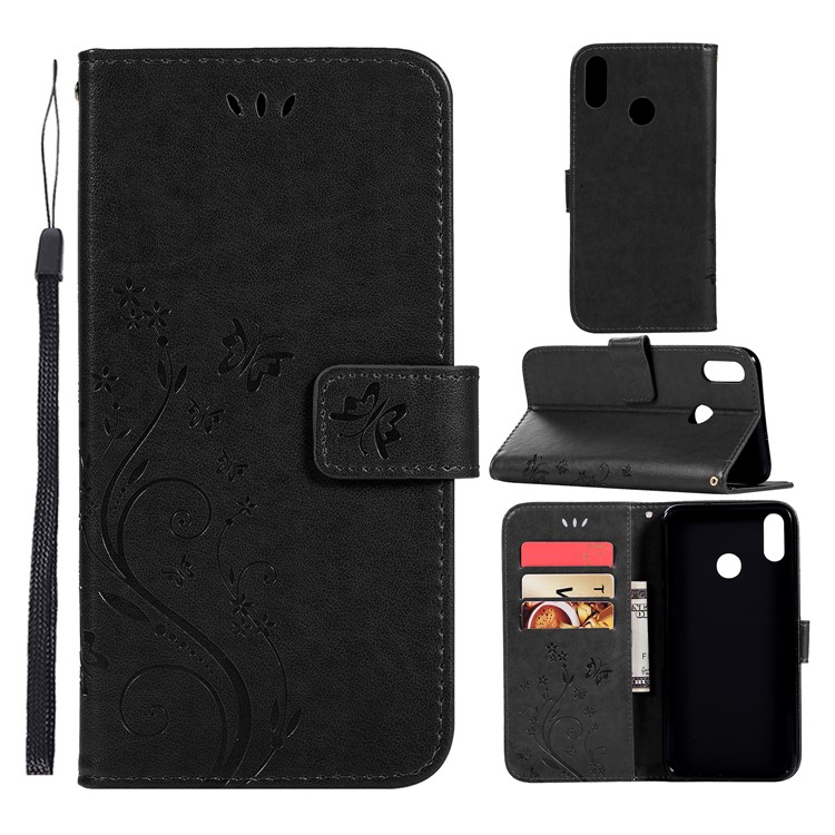 Imprint Butterfly Flower Leather Case with Strap for Huawei Honor 8X/Honor View 10 Lite - Black-1