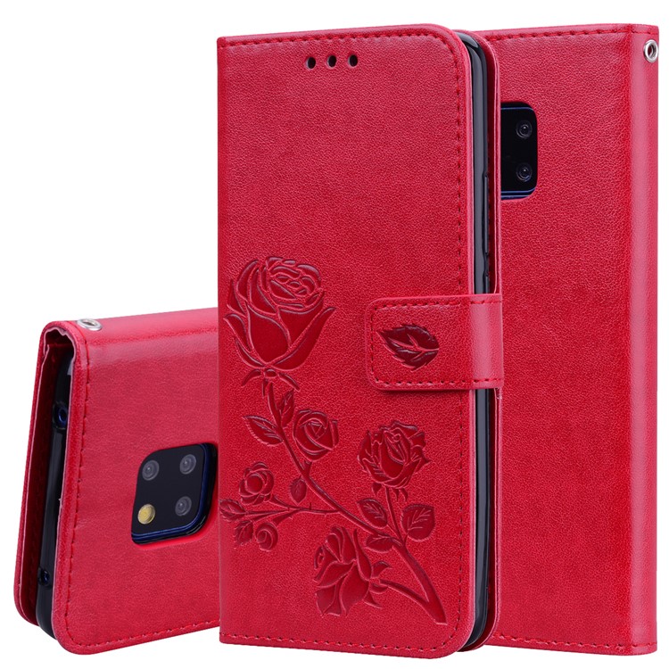 Imprinted Rose Flower Pattern Leather Wallet Case for Huawei Mate 20 Pro - Red-1
