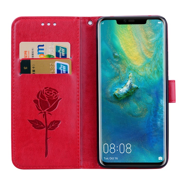 Imprinted Rose Flower Pattern Leather Wallet Case for Huawei Mate 20 Pro - Red-6