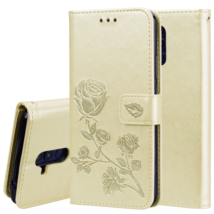 Imprinted Rose Flower Pattern Leather Wallet Stand Case for Huawei Mate 20 Lite - Gold-1