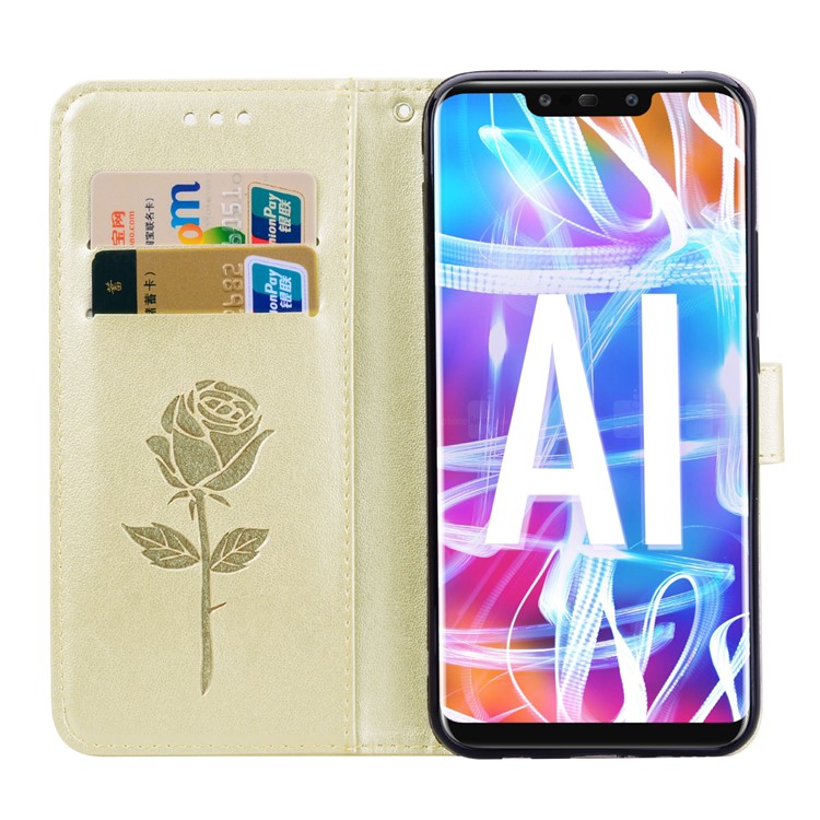 Imprinted Rose Flower Pattern Leather Wallet Stand Case for Huawei Mate 20 Lite - Gold-6