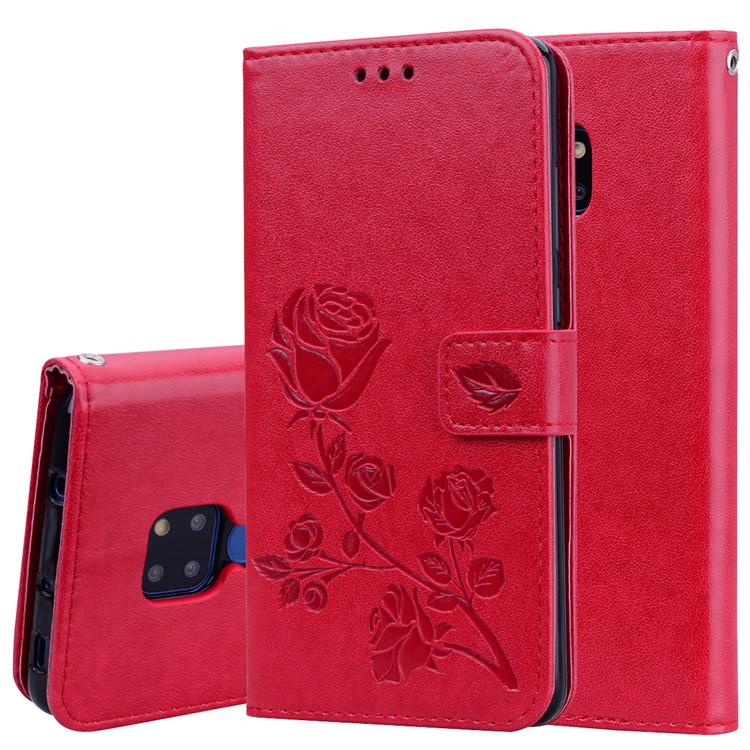 Imprinted Rose Flower Pattern Leather Wallet Case for Huawei Mate 20 - Red-1
