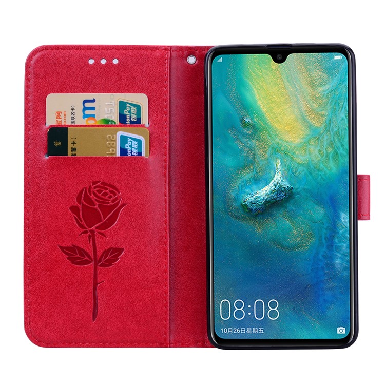 Imprinted Rose Flower Pattern Leather Wallet Case for Huawei Mate 20 - Red-6