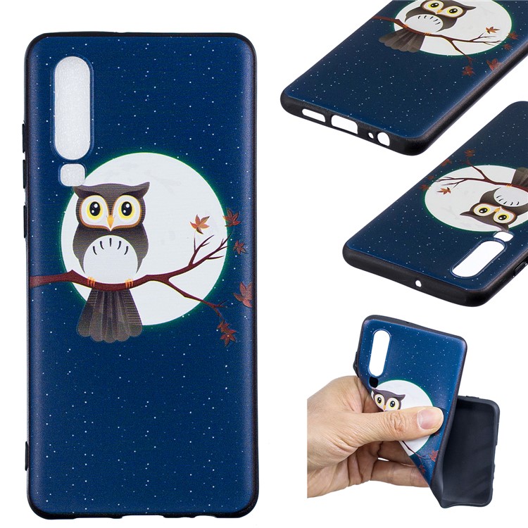 Pattern Printing Embossment Soft TPU Cell Phone Cover for Huawei P30 - Moon and Owl-1