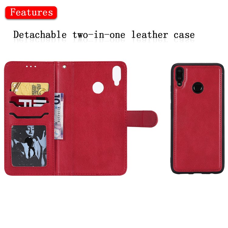 Magnetic Detachable 2-in-1 Wallet Leather Phone Case for Huawei Honor 8X / View 10 Lite - Red-4