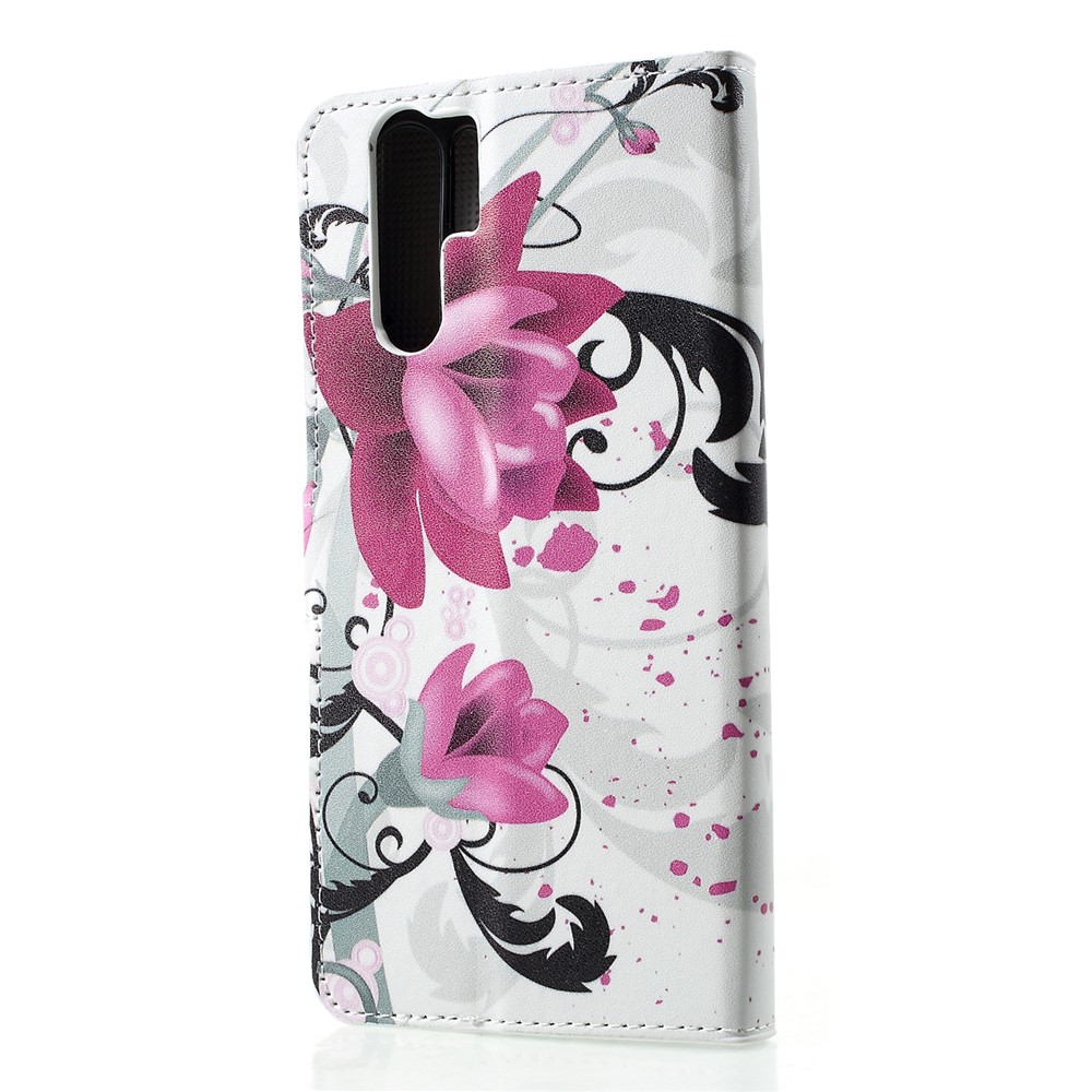 Soporte de Billetera de Cuero PU Estampado Carcasa Móvil Para Huawei P30 Pro - Flores Moradas-2