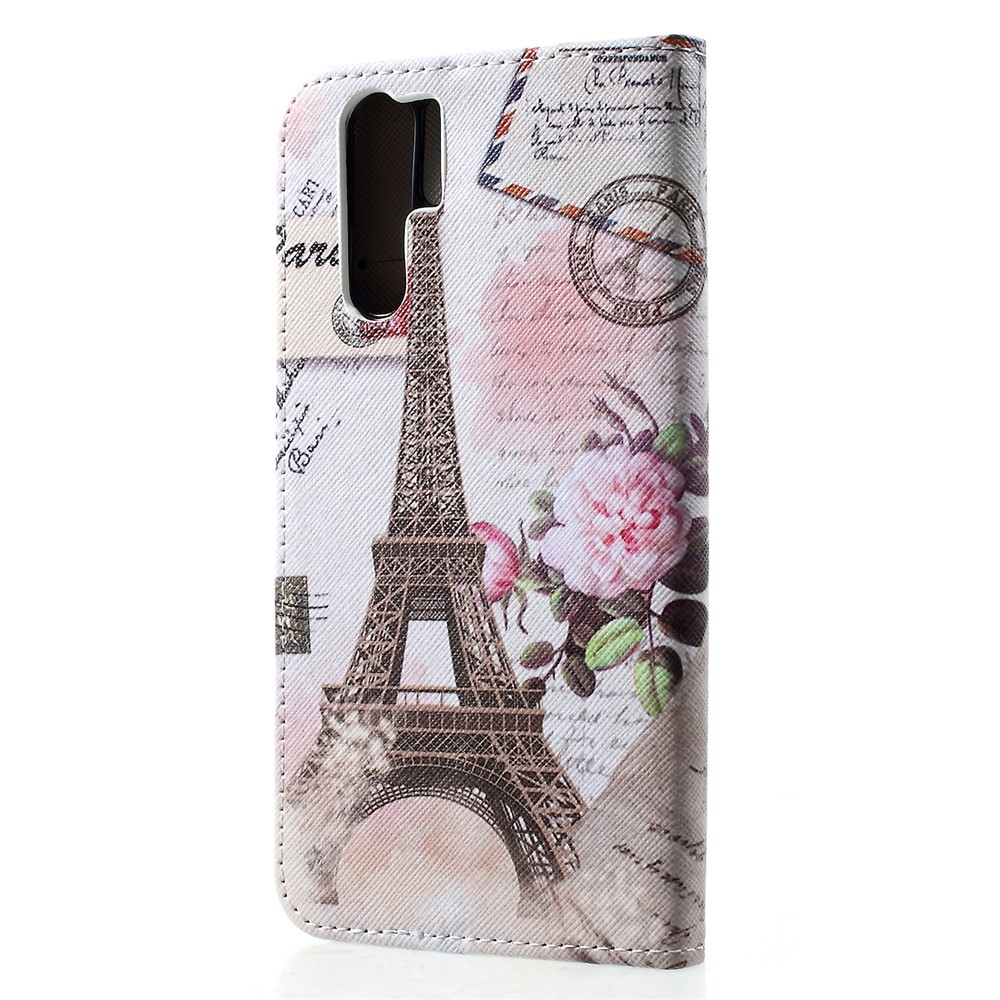 Padrão de Textura Cruzada Impressão de Couro Chela de Telefone Acessório Shell Para Huawei P30 Pro - Torre Eiffel e Flor