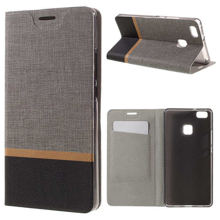 Cross Texture Leather Cover with Card Holder for Huawei P9 Lite - Grey-1