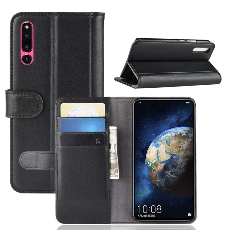 Genuine Split Leather Wallet Protection Case for Huawei Honor Magic 2 - Black-1