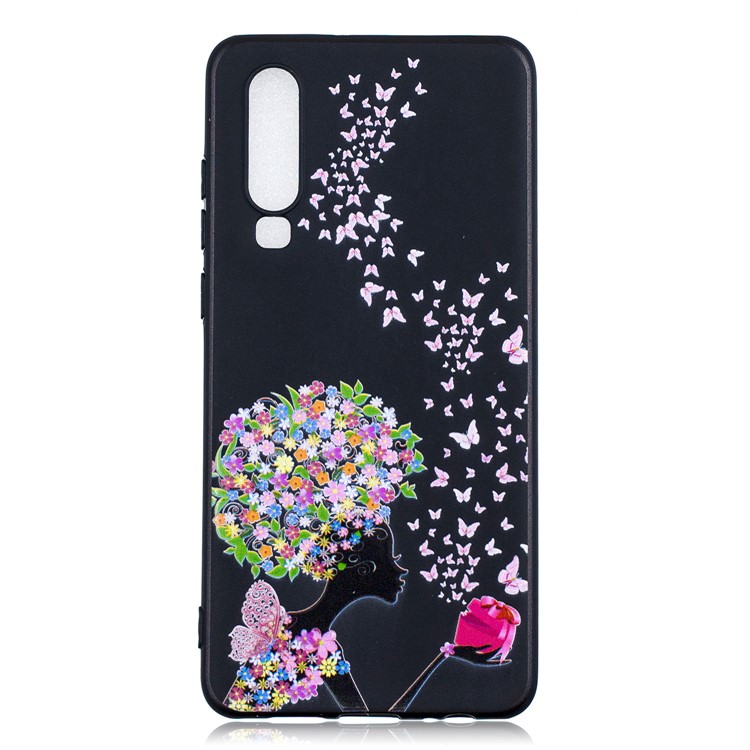 Pattern Printing Embossment TPU Protection Cell Phone Case for Huawei P30 - Flowered Girl and Butterfly-1