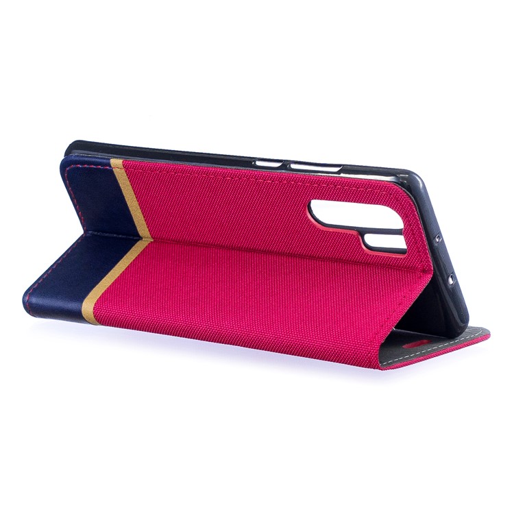 For Huawei P30 Pro Cloth Texture Splicing PU Leather Phone Shell with Card Holder - Red-5