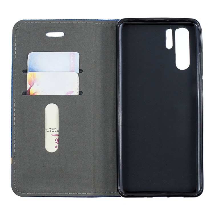 For Huawei P30 Pro Cloth Texture Splicing PU Leather Protective Casing with Card Holder - Blue-3