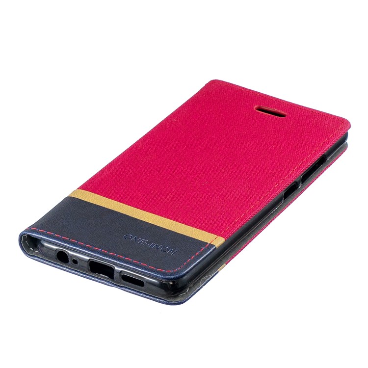 For Huawei P30 Cloth Texture Splicing PU Leather Phone Shell with Card Holder - Red-3