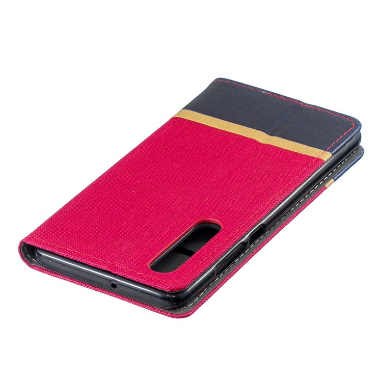 For Huawei P30 Cloth Texture Splicing PU Leather Phone Shell with Card Holder - Red-4