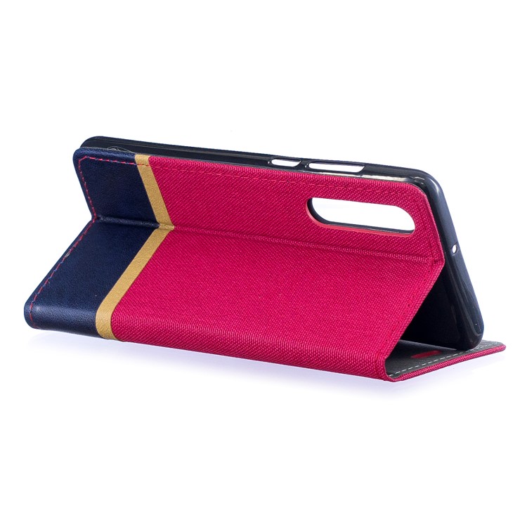 For Huawei P30 Cloth Texture Splicing PU Leather Phone Shell with Card Holder - Red-5