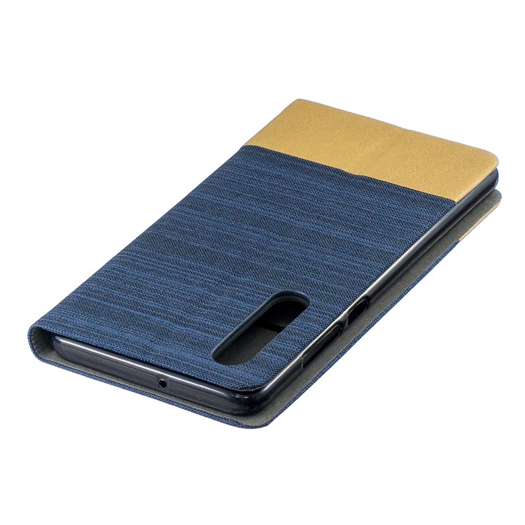 Bi-color Canvas Leather Card Holder Stand Casing for Huawei P30 - Dark Blue-4