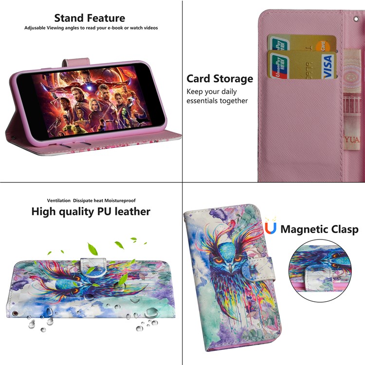 For Huawei P30 Pro Light Spot Decor Patterned Leather Wallet Magnetic Cover - Colorful Owl-6
