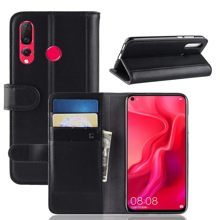 Genuine Split Leather Wallet Cell Phone Case for Huawei nova 4 - Black-1