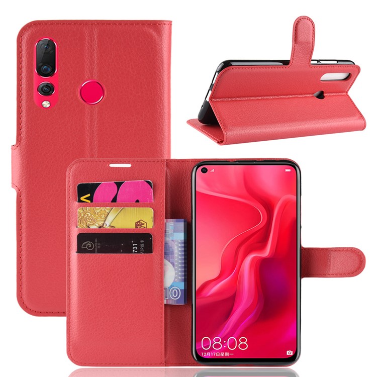 Litchi Skin Wallet Leather Stand Case Cover for Huawei nova 4 - Red-1