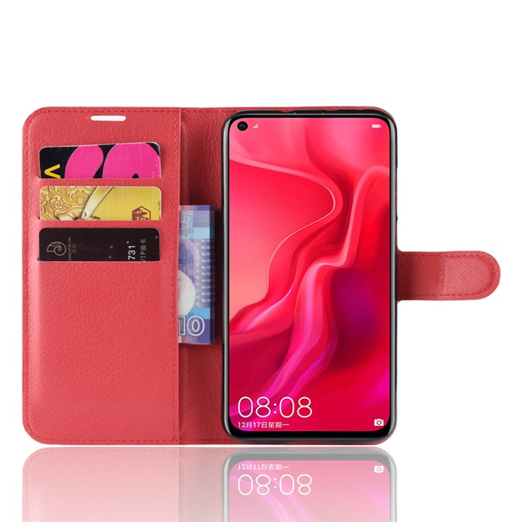 Litchi Skin Wallet Leather Stand Case Cover for Huawei nova 4 - Red-5