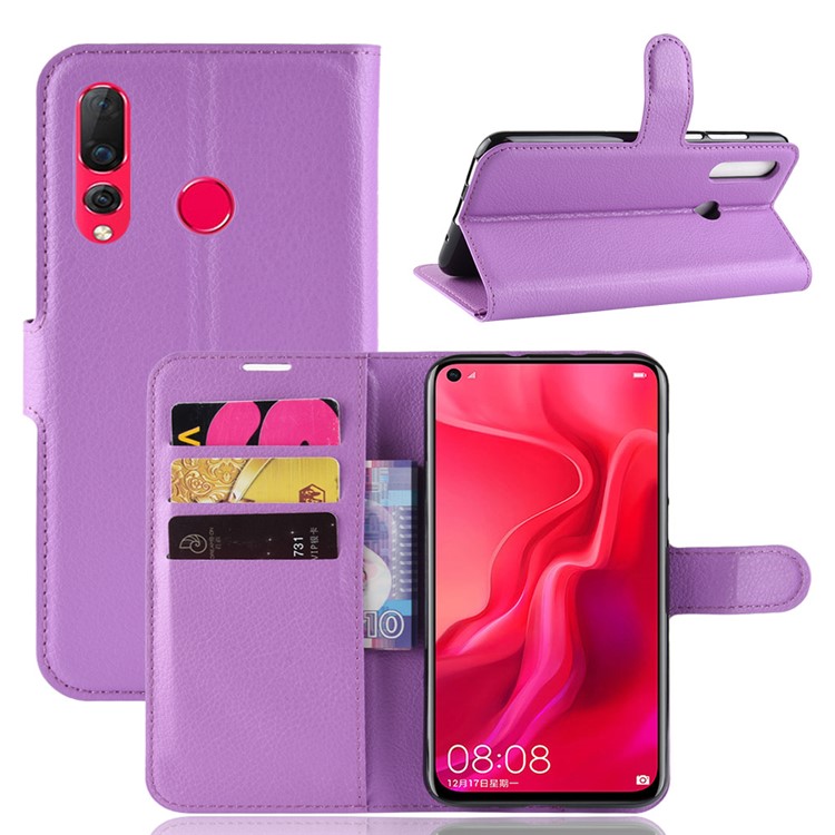 Litchi Skin Leather Stand Case with Card Slots for Huawei nova 4 - Purple-1