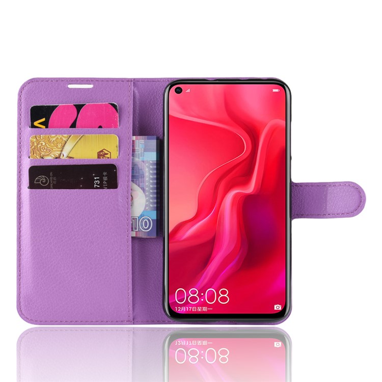 Litchi Skin Leather Stand Case with Card Slots for Huawei nova 4 - Purple-5