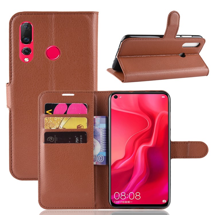 Litchi Skin Leather Stand Cover with Card Slots for Huawei nova 4 - Brown-1
