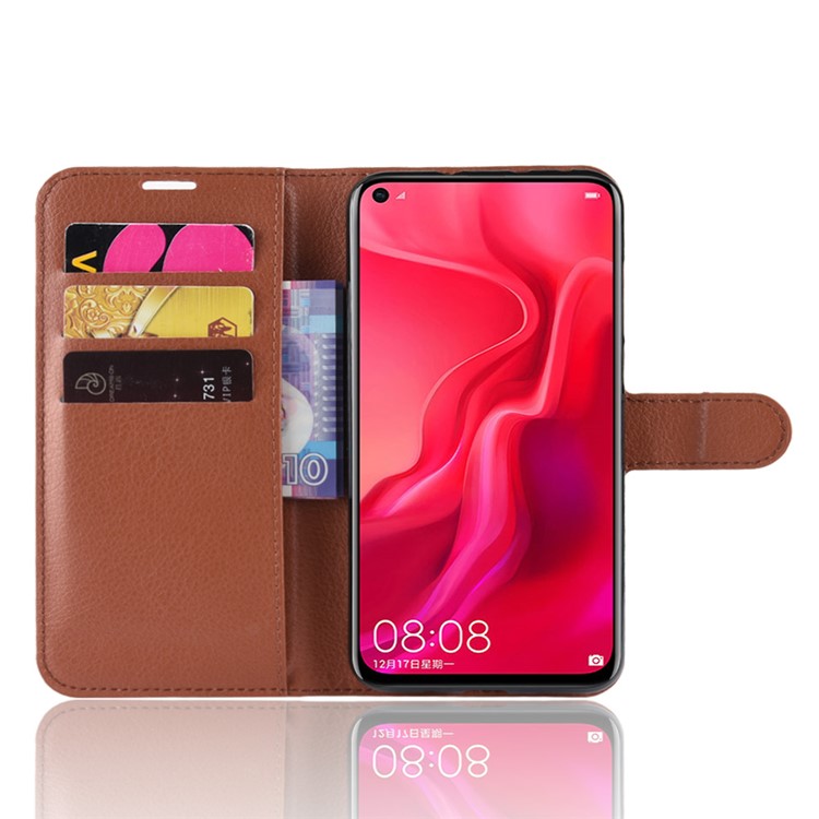 Litchi Skin Leather Stand Cover with Card Slots for Huawei nova 4 - Brown-5