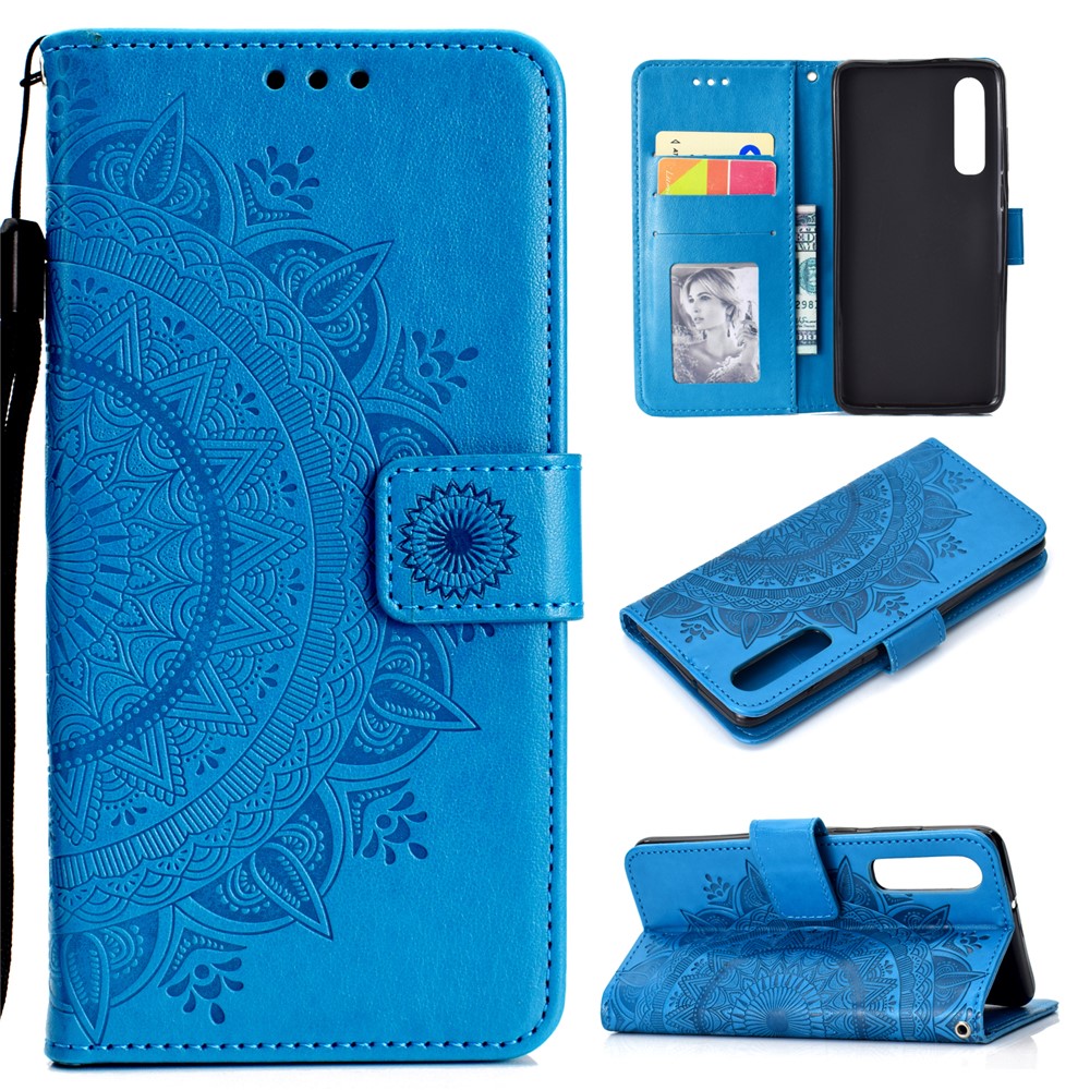 For Huawei P30 Mobile Casing Mandala Flower Wallet PU Leather Case - Blue-1