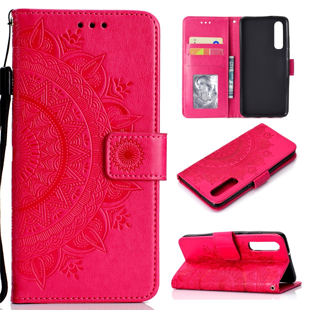 For Huawei P30 Protection Shell Mandala Flower Wallet PU Leather Case - Red-1