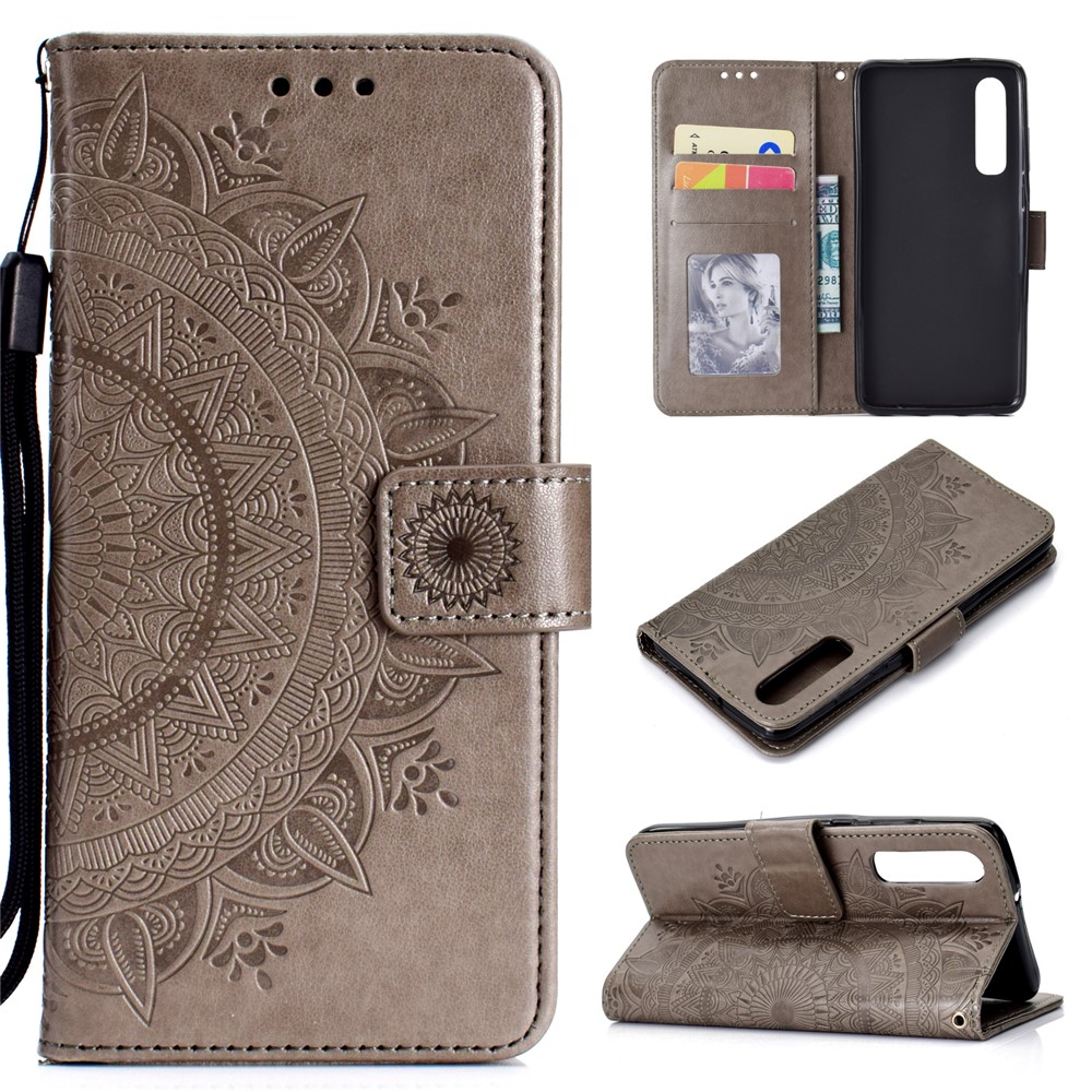 For Huawei P30 Protective Case Mandala Flower Wallet PU Leather Case - Grey-1