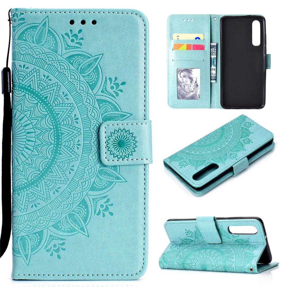For Huawei P30 Phone Accessory Case Mandala Flower Wallet PU Leather Case - Cyan-1