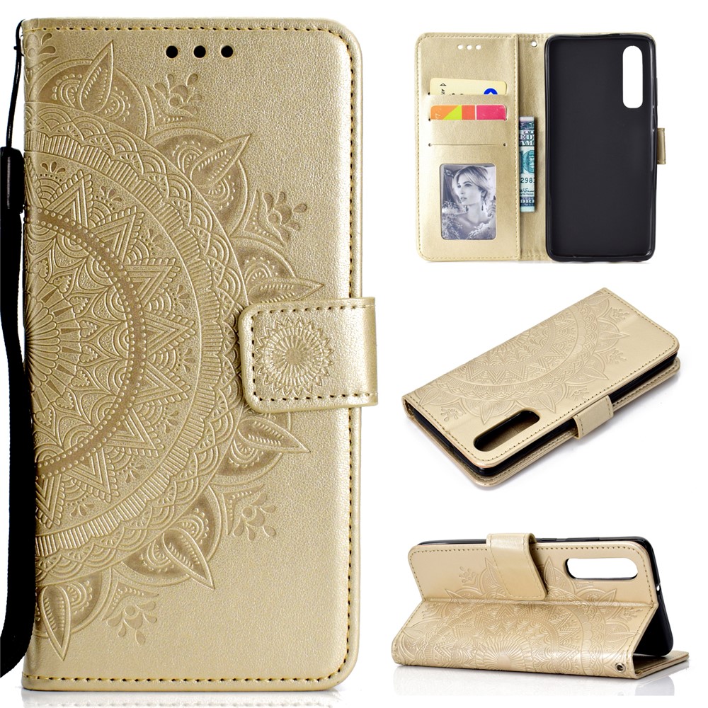 For Huawei P30 Protective Shell Mandala Flower Wallet PU Leather Case - Gold-1