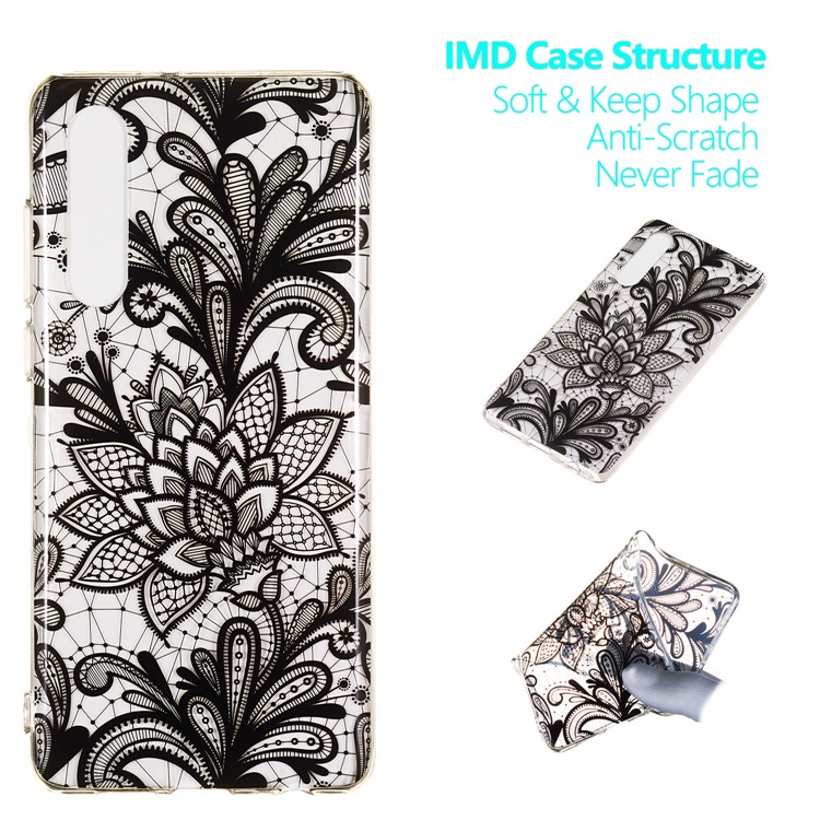 Pattern Printing IMD TPU Flexible Case for Huawei P30 - Black Flower-1