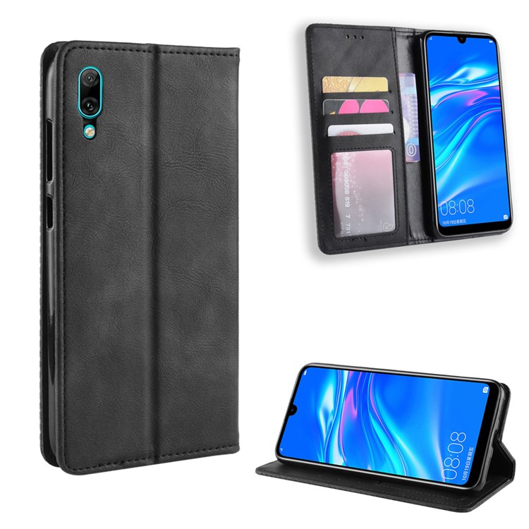 Vintage Style Leather Auto-absorbed Wallet Cover for Huawei Enjoy 9 / Y7 Pro (2019) - Black
