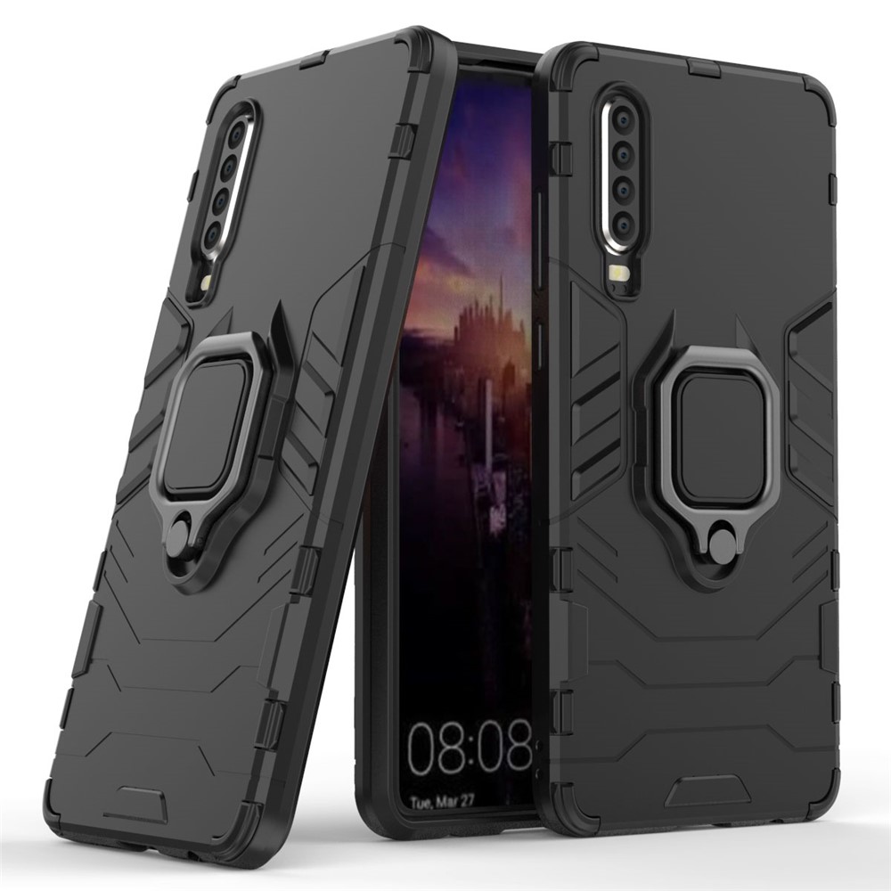 Para Huawei P30 Anel Dedo Kickstand pc + Tpu Híbrido de Celular Capa - Preto