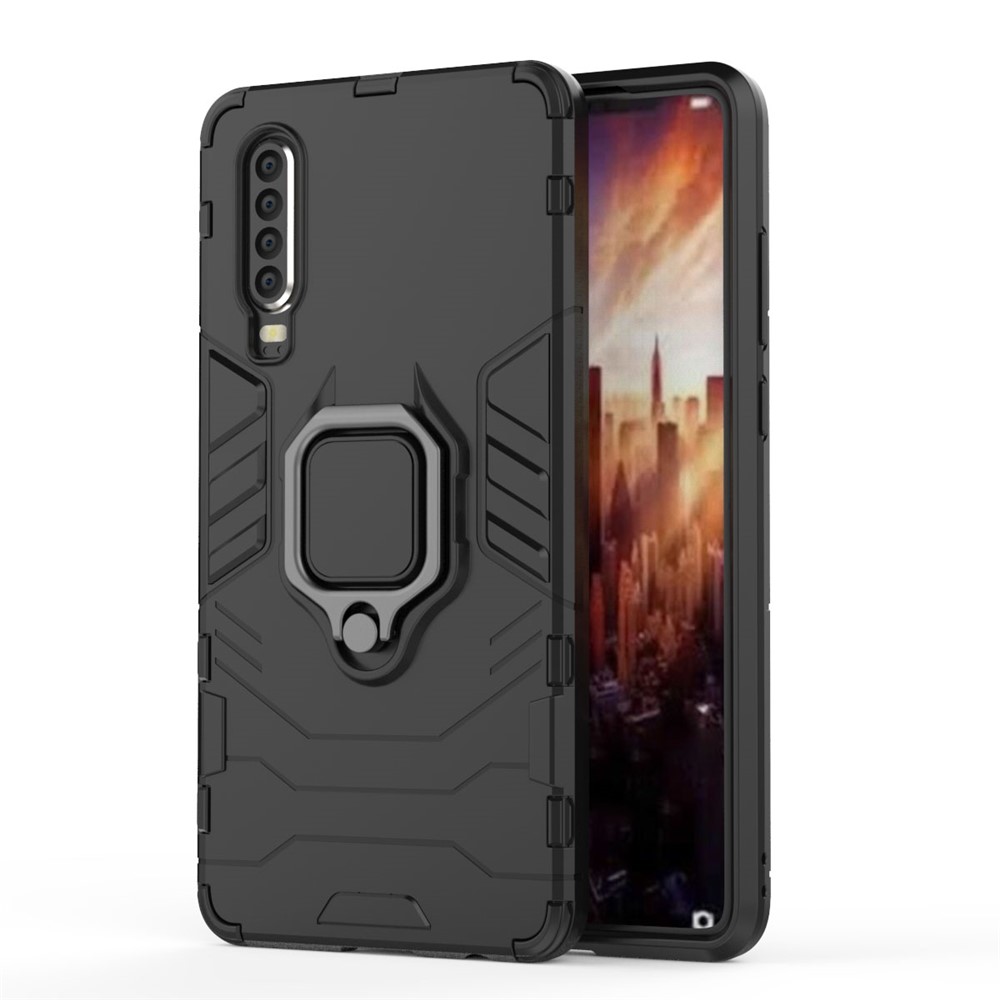 Pour Huawei P30 Finger Ring Kickstand PC + TPU Hybrid Mobile Phone Case - le Noir