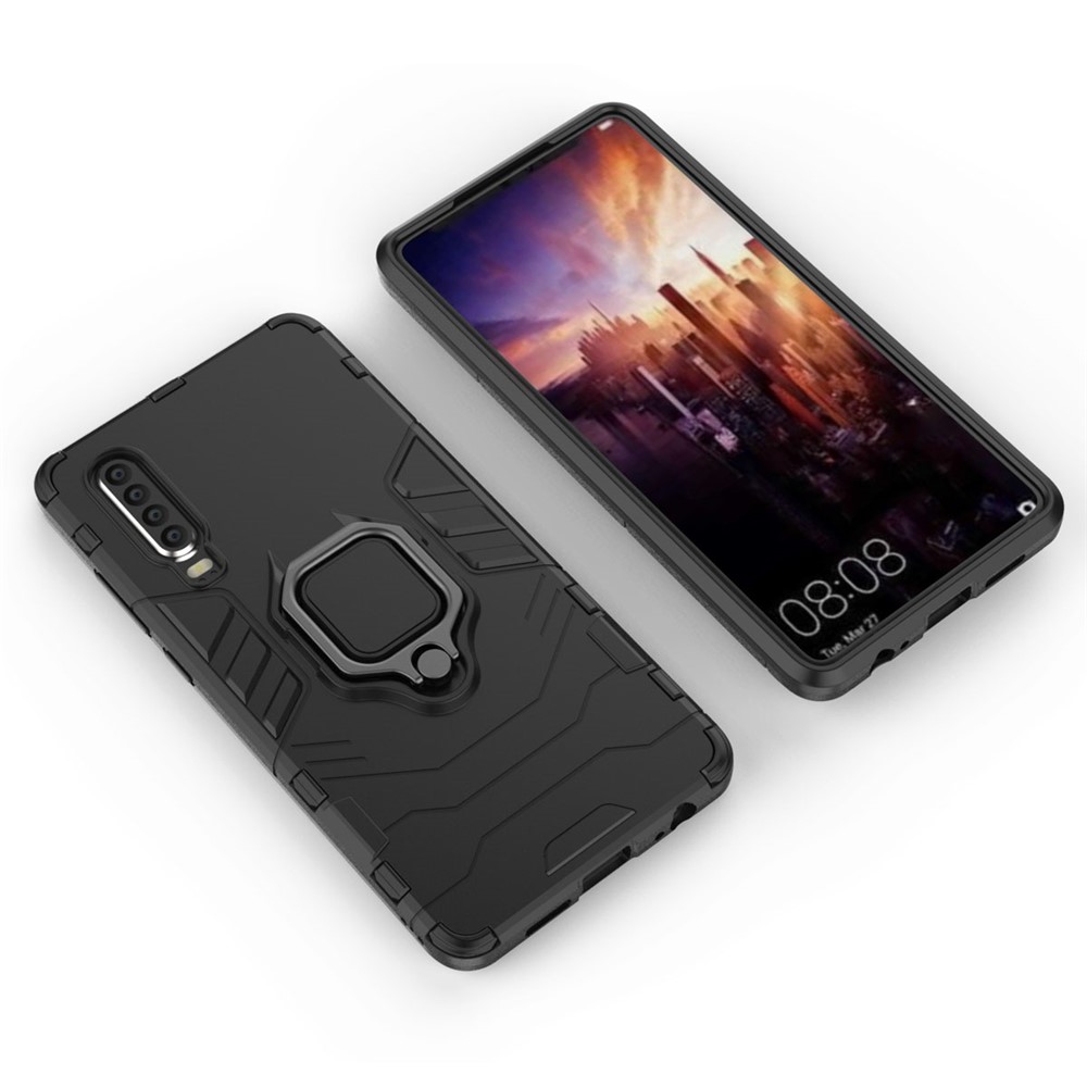 Pour Huawei P30 Finger Ring Kickstand PC + TPU Hybrid Mobile Phone Case - le Noir