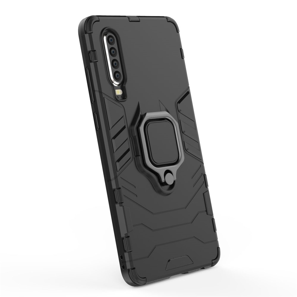 Für Huawei P30 Finger Ring Kickstand PC + TPU Hybrid Mobile Handy Fall - Schwarz