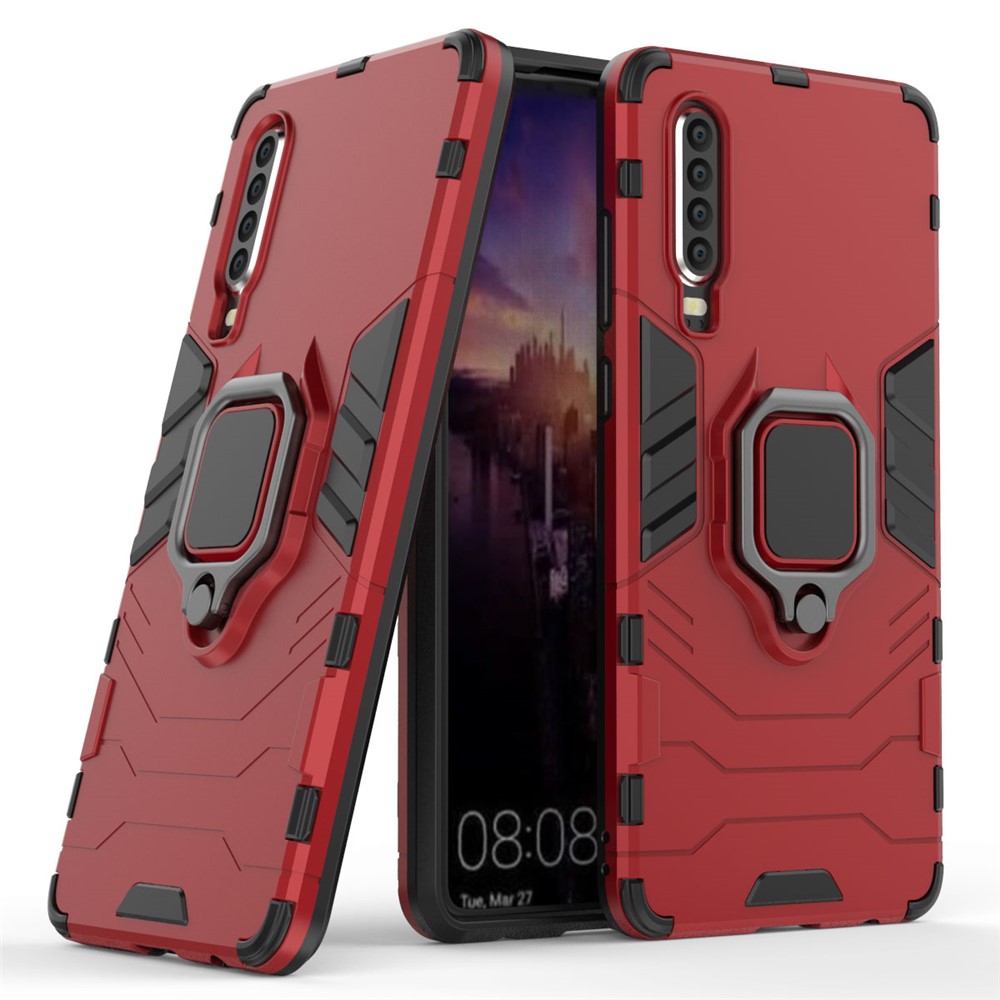 For Huawei P30 Finger Ring Kickstand PC + TPU Hybrid Cell Phone Cover - Red-1