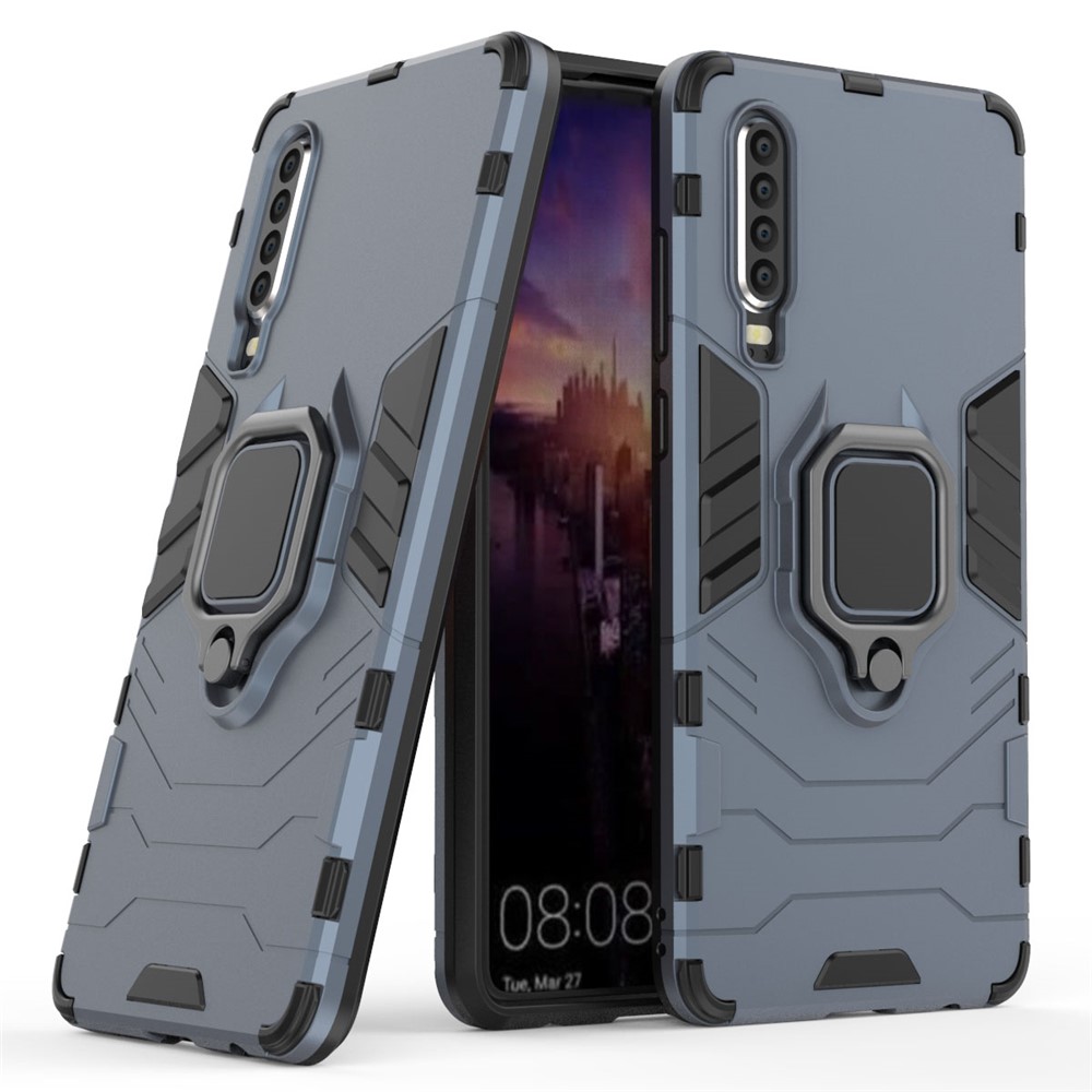 For Huawei P30 Finger Ring Kickstand PC + TPU Combo Protective Shell - Dark Blue-1